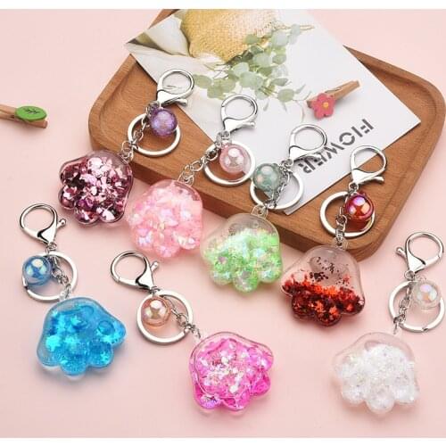 Cartoon Acrylic oiled Cat Paw Keychain Liquid Floatation Sequined Keyring Cute Bag Car Pendant Key Holder ornament Gifts