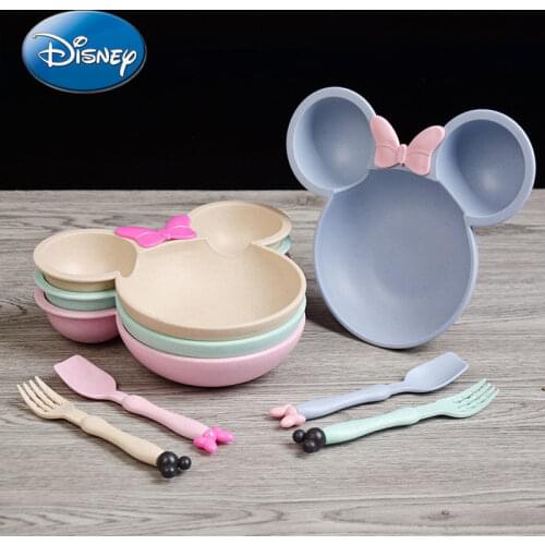 Disney Mickey Mouse Minnie Wheat Spoon Three Piece Set Household Childrens Cutlery Cute Cartoon Grid Plate Fork Spoon Dishes