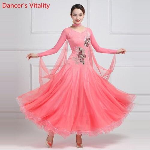 National Standard Dance Competition Outfits Women Embroidered Diamond Big Hem Dress Ballroom Waltz Modern Dancing Costume Outfit