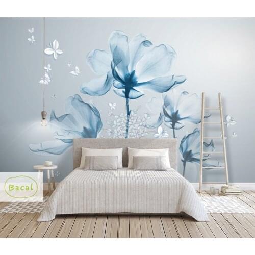 Bacal Custom 3D Photo Wallpaper Mural Hand Painted Blue Flower Butterfly Wall Mural Living Room Home Decor Painting Wall Paper