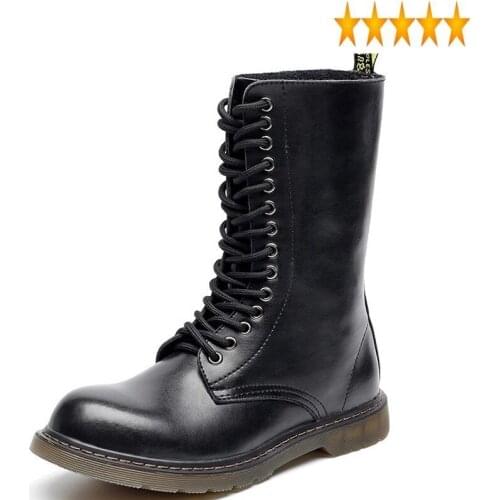 Autumn Retro Mid Calf Fashion Mens Motorcycle Round Toe Lace Up Thick Bottom British Safety Male High Top Boots Plus Size