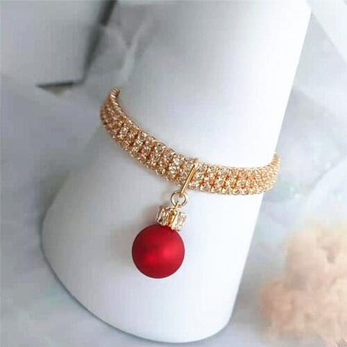 Exquisite Bling Crystal Dog Collar Zircon Red Pearl Diamond Puppy Pet Shiny Full Rhinestone Necklace Collar Pet Dog Accessory