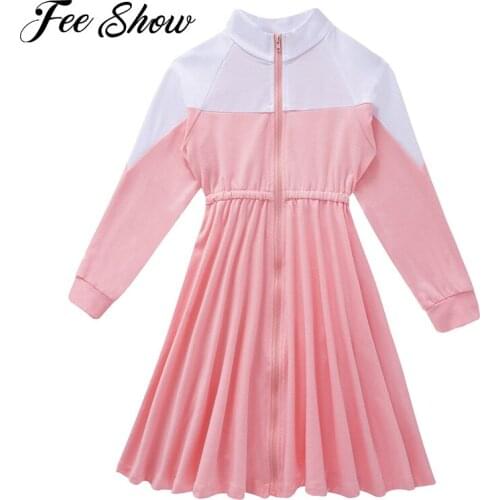 Kids Girls Sport Dress Stand Collar Long Sleeves Front Zipper Closure Elastic Waist Knee Length Dress Running Gym Tennis Dresses