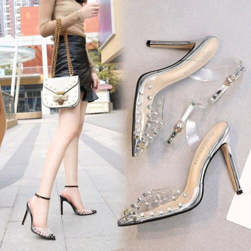 PVC Transparent Rivet Pointed Stiletto High-heeled Shoes Plus-size Buckle Womens Sandals Sexy Trend Sandals