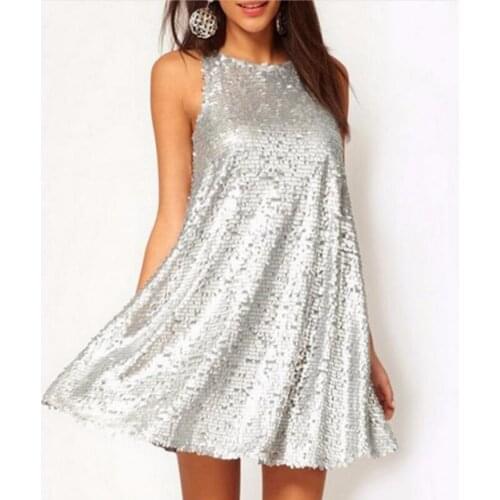Sexy Women Sequin Dress Vintage Swing Dress Sleeveless 1920s Evening Party Dresses female Clubwear Mini Silver Shiny Dress 2020