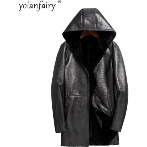 Natural Fur Coat Mens Winter Jacket Real Sheepskin Coats Shearling Jackets for Men Hooded 2020 Hommes Veste SWY8023-1 Pph1813