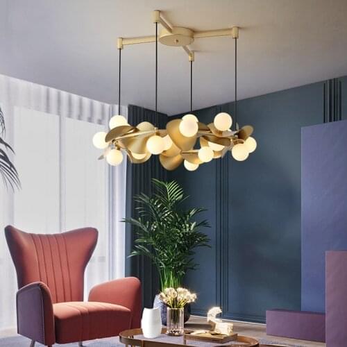 Nordic LED Glass Ball Chandelier Gold Dining Room Kitchen Island Living Room Bedroom Leaf Hanging Lights Interior Lighting Iron