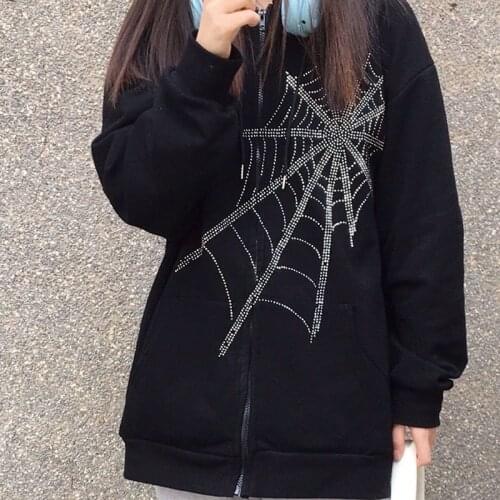 Rhinestone Spider Letter Print Women Long Sleeve Sweatshirt Hoodis Zipper Loose Oversized Streetwear Casual 2021 Autumn Winter