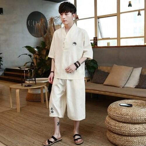 Traditional chinese clothing for men Two piece set top and pants casual loose clothing sets two piece set summer TA214