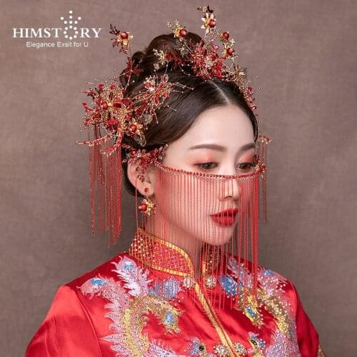 HIMSTORY Vintage Chinese Style Hair Jewelry Traditional Bridal Headdress Wedding Red Chain Tassel Coronet Hair Accessories