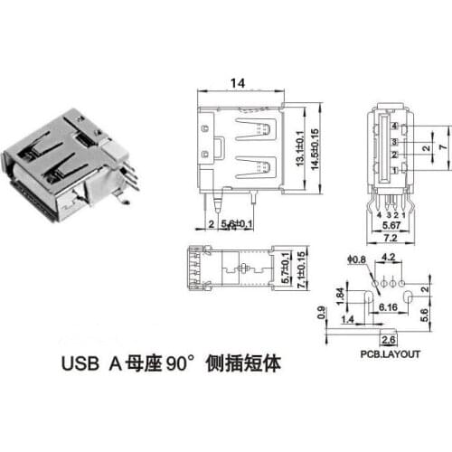 USB A Female PCB Mount Connector - Vertical Standing 90,Long:14 new and original