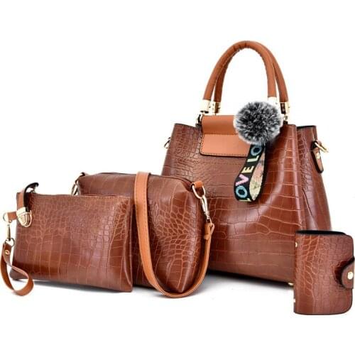 Womens Bag Luxury Crocodile Pattern Handbag Composite Bag Designer Large Capacity Shoulder Bag With Fur Ball 4 pcs Purse
