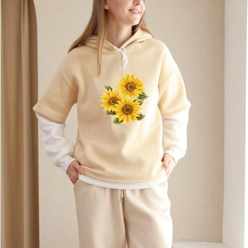 Sunflower Hoodie Aesthetic Female Color Block Sweatshirt Pastel Vintage Pullovers for Lady Warm Plus Size Sudaderas Con Capucha