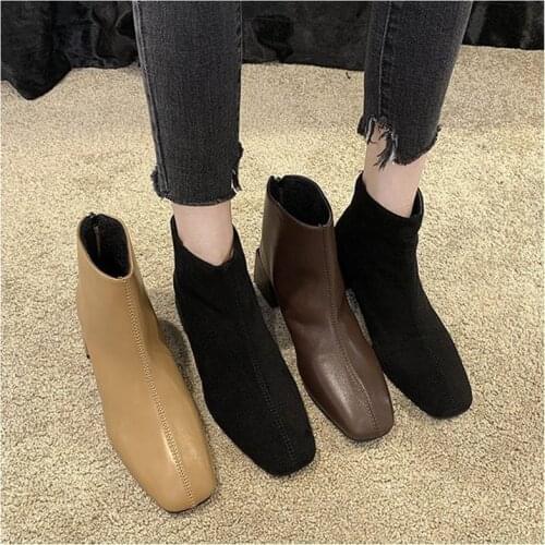 Ankle Boots For Women Square Toe Fashion Shoes Plush Warm Winter Short Boots Zipper Square Heels Comfortable Lady Shoes