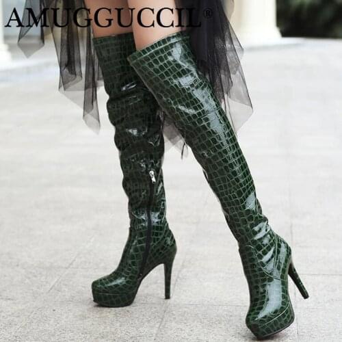 Plus Big Size 32-46 Black Wine-red Green Over The Knee Thigh High Heel Platform Winter Warm Ladies Women Boots X1740