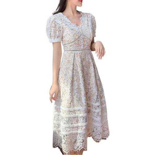 2021 New Luxury Designer Runway Summer White Dress Sexy V-Neck Lace Elegant Hollow Out Dresses Women Short Sleeve Vestidos