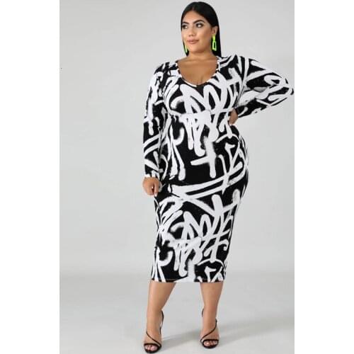 Plus Size Xl 5xl High Waist Slim Printed One Piece Women O-Neck Long Sleeve Dress Streetwear Midi Dresses Elegant Casual Vestido