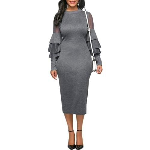 Woman Dress 2021 Spring Casual French Vintage Ruffles Sleeves Patchwork Mesh Office Pencil Dresses Women Sexy Long Party Dress