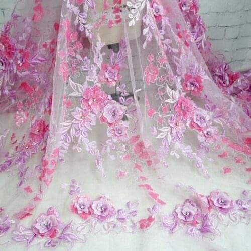 1 Yard Gorgeous 3D Flower Lace Fabric with Sequin Rhinestone Flower Applique Pastel Multi-colors Embroidery Lace For Ball Gown