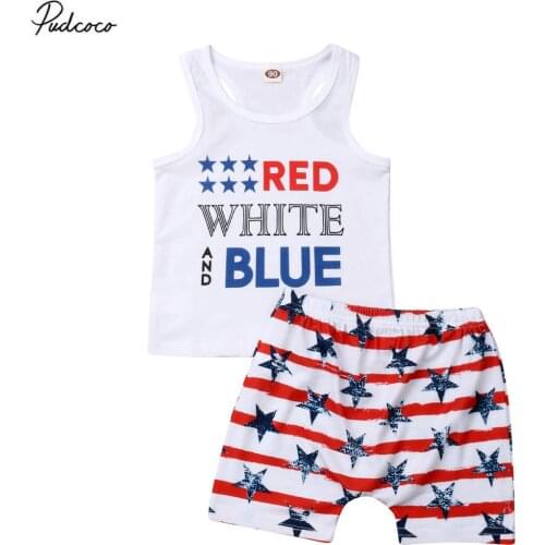 2020 Independence Day Clothes Kids Infant Baby Boy 2pcs Summer Cotton Letter T-shirt Top Vest+Stars and Striped Pants Outfit Set