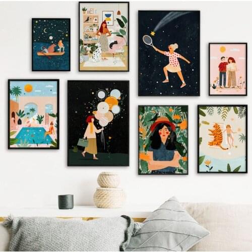 Abstract Girl Balloon Plant Tiger Dog Life Wall Art Canvas Painting Nordic Posters And Prints Wall Picture For Living Room Decor