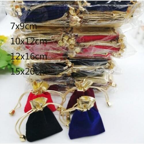 Wholesale 300pcs 7x9 9x12 12x16 15x20cm Velvet Drawstring Bags Jewelry Package Gift Pouches Gold Trim velvet Packaging Display