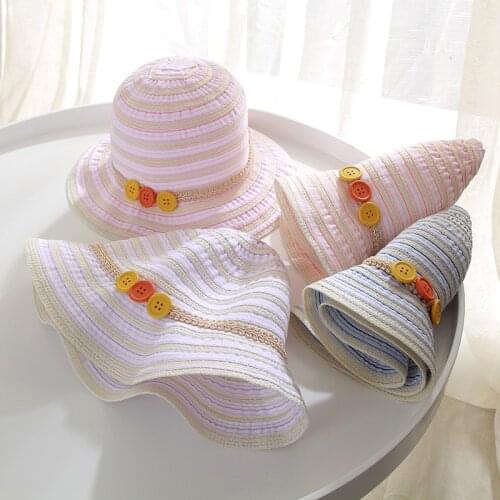 Child Sun Hat Spring Summer Stripe Buttons Splicing Shade Cloth Basin Cap Kids Girl Sweet Fashion Princess Sunscreen Caps H7407