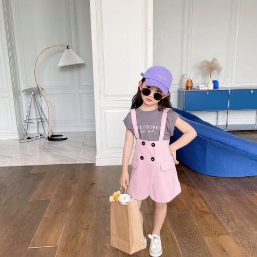 2021 Summer New Girl Style Short Sleeve Double Breasted Strap Skirt Two Piece Set For Girls 2-7 Years Old