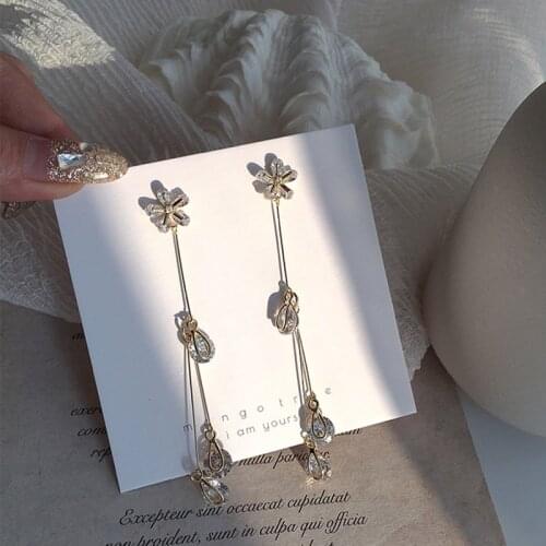 Korean Classic Simple Crystal Zircon Flowers Drop Earrings For Women Fashion Gold Color Metal Earrings Romantic Wedding Party