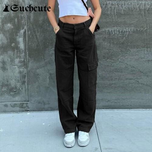 SUCHCUTE Green Pockets Baggy Jeans Women Hight Waist Wide Leg Pant Harajuku Vintage Korean Fashion Denim Trousers Aesthetic 2021