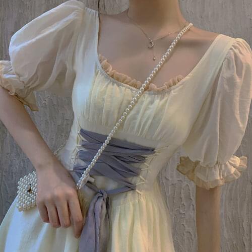 New Lolita Style Super fairy princess palace dress summer Hepburn style French square neck puff sleeve waist mid-length dress