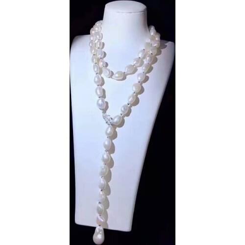 Charming 11-12mm white baroque freshwater pearl necklace zircon micro inlay leaves shape accessories pearl pendant long 110-120c