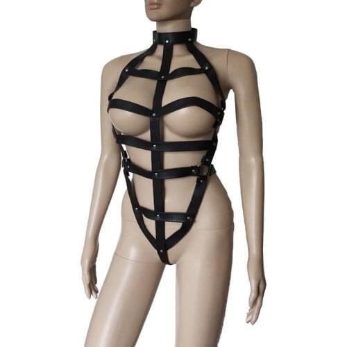 Sexy Women Faux Leather Teddy Strappy Body Cage Harness Belt Open Breast Bikini Leotard Corset Fetish Role Play Costume