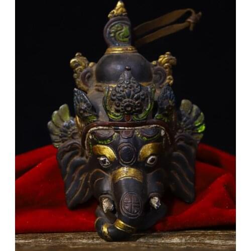 5" Tibet Buddhism Temple Old Bronze Paint color Elephant Trunk Statue Elephant Head Human Buddha Statue Elephant Trunk Sky