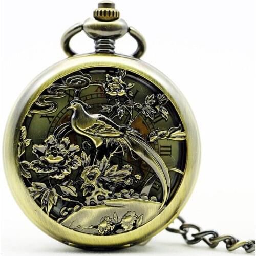 Vintage bronze bird carving hollow single open mechanical pocket watch Roman numeral steampunk mens and womens Gifts