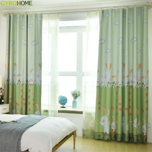 Cartoon Cute Rabbit Curtains Semi-Shading Boys Girls Kids Bedroom Pink Green Study Window Drapes