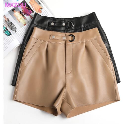 Pantalon Corto Mujer Women Genuine Leather Sheepskin Short Femme Wide Leg Casual High Waist Loose Show Thin Boots Shorts Pocket