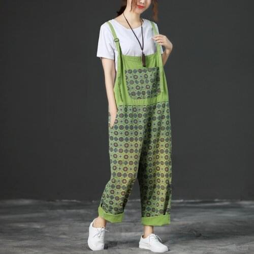 Women Summer Autumn VIntage Printed Jumpsuits Ladies Loose Washed Denim Overalls Female Casual Print Simple Rompers Pants 2018