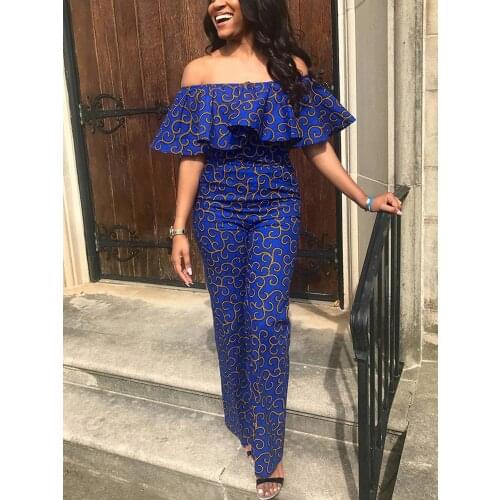 Women Printed Off Shoulder Jumpsuit Ruffle Sexy Party Clubwear Backless African Big Size Summer Fashion Blue Slim Night Out New