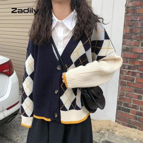 Zadily 2021 Autumn Preppy Style Argyle Womens Sweater Long Sleeve Button Knit Cardigan Coat Winter Female Outwear Clothing