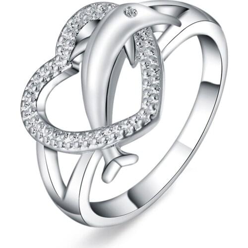 925 Sterling Silver Heart-Shaped AAA Zircon Dolphin Ring For Women Fashion Wedding Party Gift Charm Jewelry