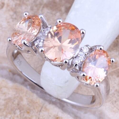 Champagne Morganite White CZ Silver Plated Womens Jewelry Ring Size 6 / 7 / 8 / 9 R1489