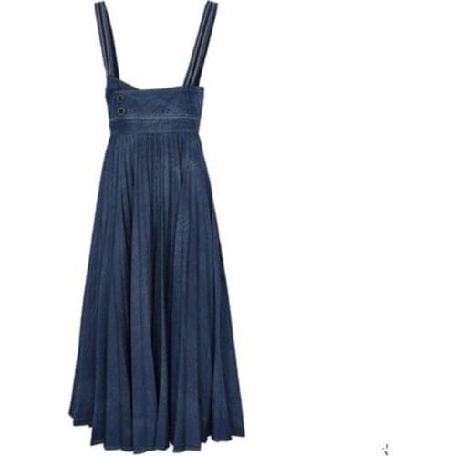 2021 summer vintage spaghetti strap pleated dress women high waist big swing long dress