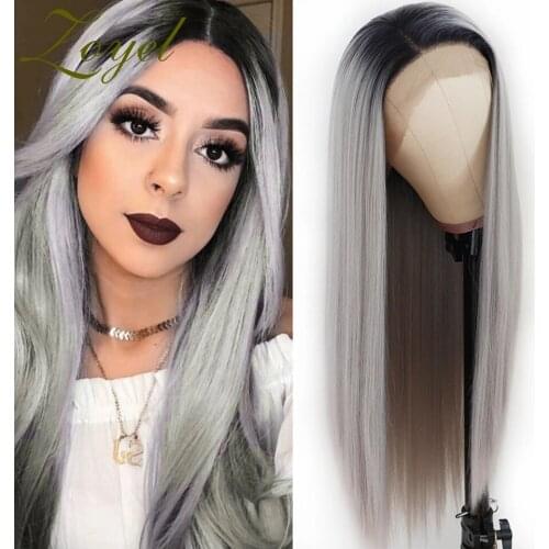 Zoyel Long Straight Lace Front Wig Ombre Gray Heat Resistant Synthetic Hair Wigs For Women For Daily Wear