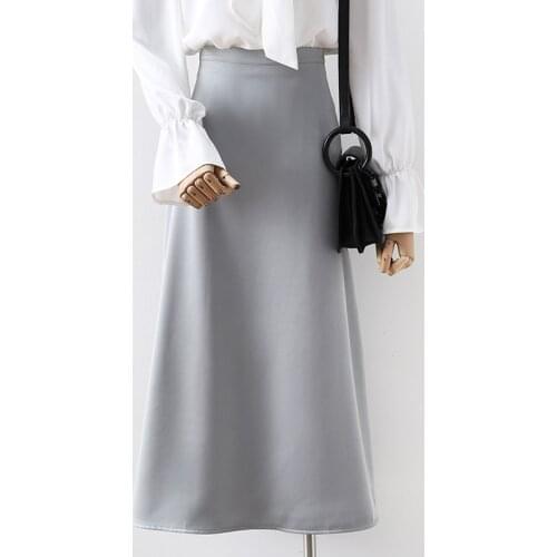 2021 Summer High Waist Vintage Women A-Line Long Skirt Fashion Pure Color Elegant Satin Midi Length Skirt Faldas Jupe Femme Saia