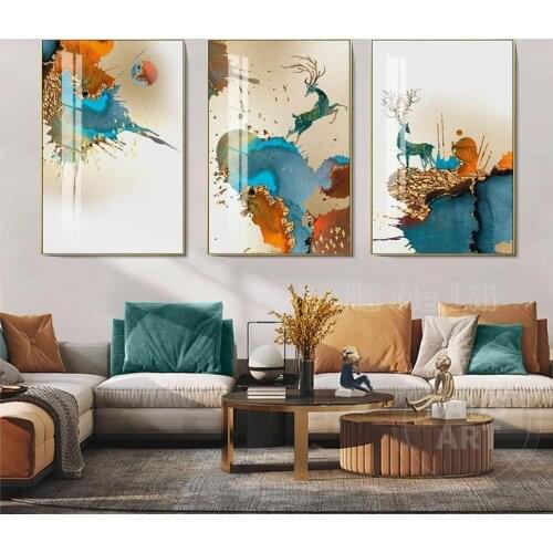 Abstract Engraving Of Modern Deer Gold And Peacock Blue On Canvas For 3 Pieces Of Room Decoration