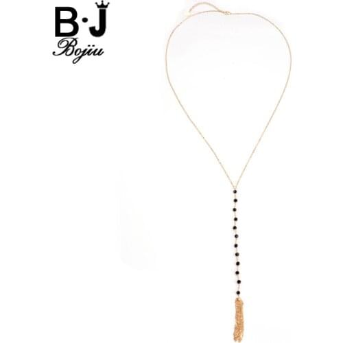 Bojiu Individuality Women Necklace Gold-color Long Copper Tassel Pendant Crystal Beads Cable Chain Necklaces New Jewelry NKS129