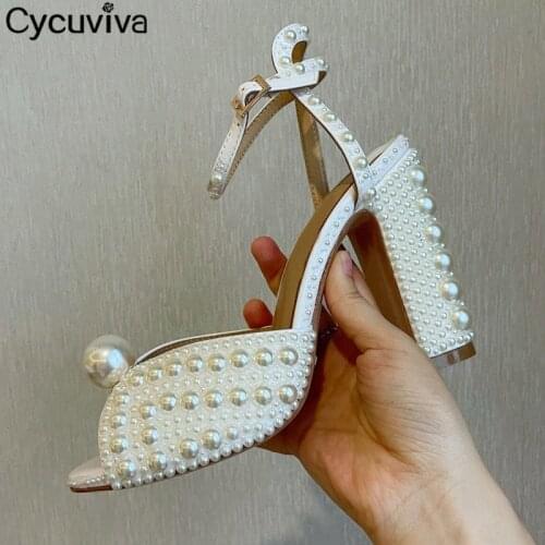 Designer Full Pearls Sandals Women Summer Chunky Heel Wedding Shoes Ladies Platform Gladiator Sandals Runway Sandalias Mujer