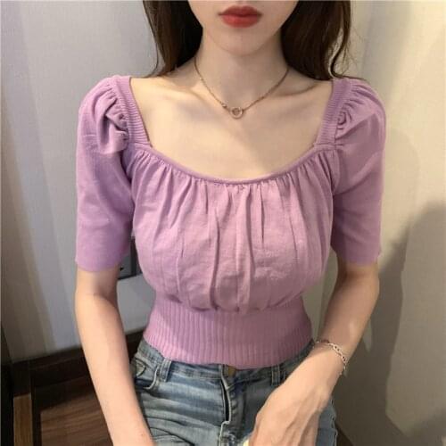Solid square collar knitted T-shirt new female short puff sleeve knitted elegant vintage tshirts crop tops for girls 2020 summer