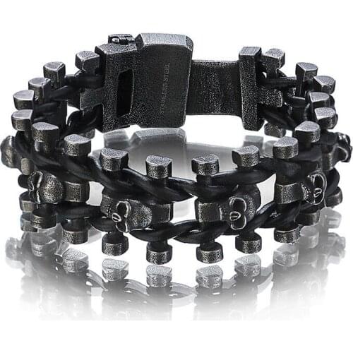 Hot Stainless Steel Charms Skull Bracelet Men Cowhide Weaving Punk Retro Bracelets Homme Jewelry